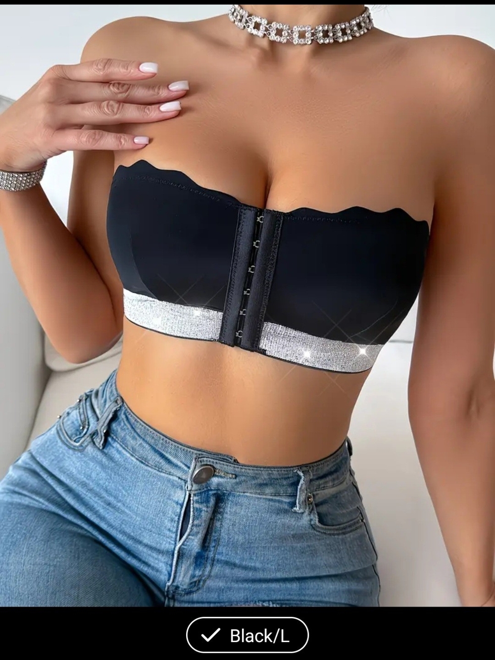 Strapless Scallop Edge Bandeau Bra with Sparkle Band - Black